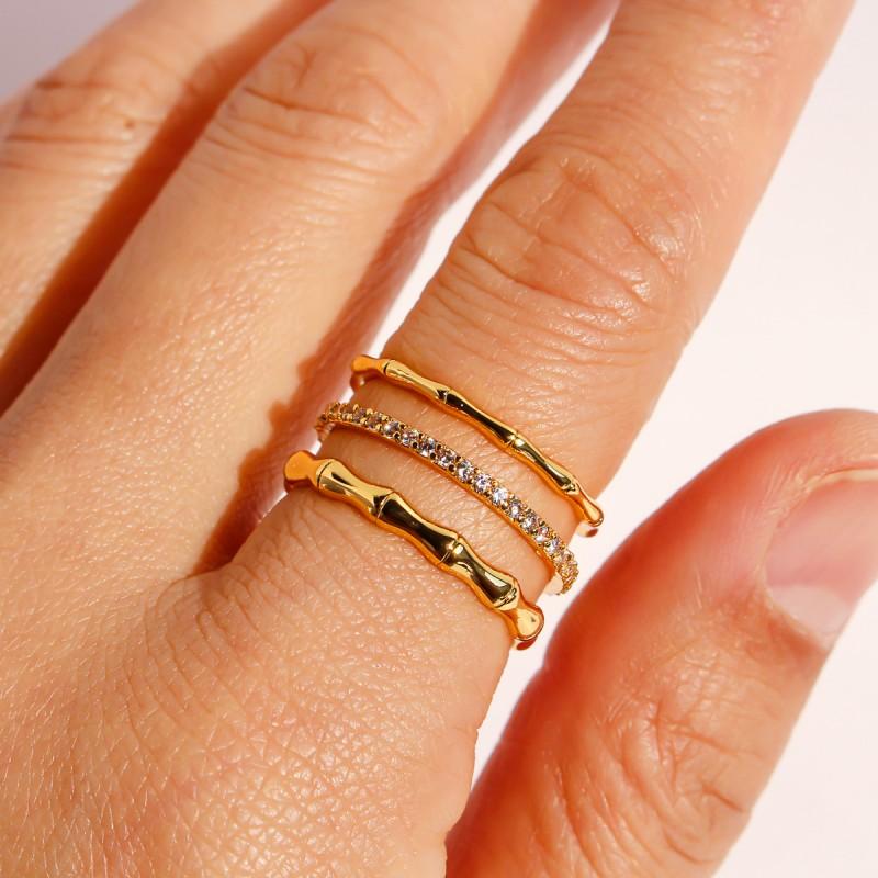Womens Fashion Stackable Wide Band Bamboo Joint Ring With Zirconia Inlay Gold Plated Copper