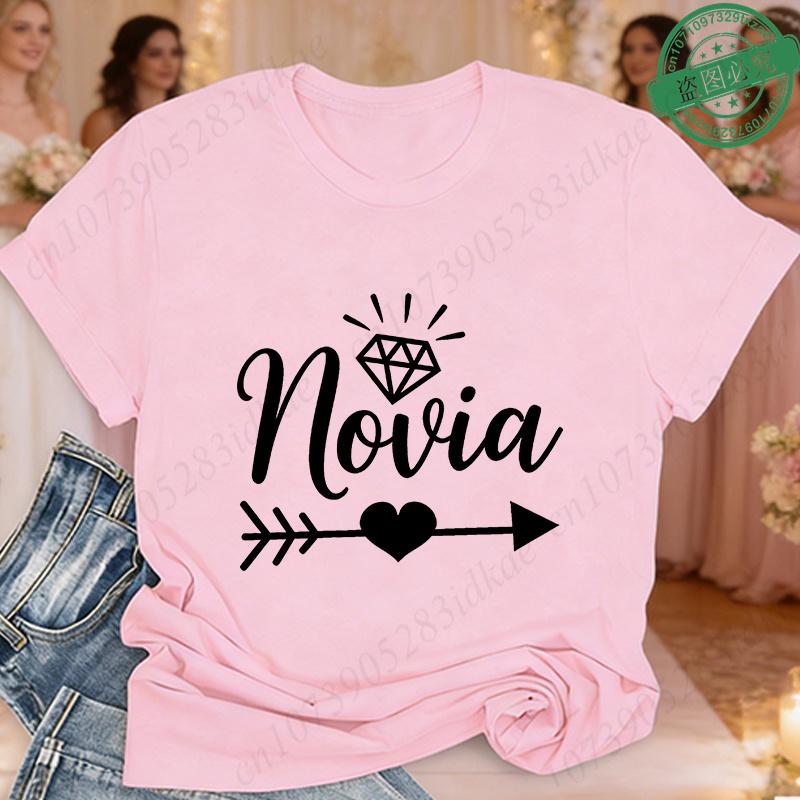 Tribu De La Novia Spanish Single Farewell Bachelorette Party T-shirts Short Sleeve O Neck Tops with Diamond Heart Arrow Graphic