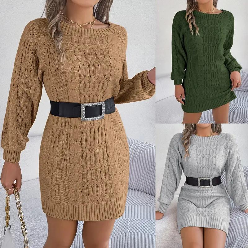 Vintage O-Neck Twisted Knitted Dress Casual Lantern Long Sleeve Sweater Dress Elegant Warm Solid Womens Knitwear Vestidos 29889