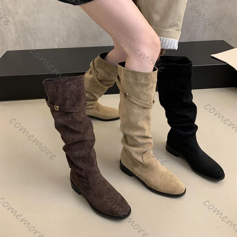Fashion Comemore Suede Knight Boots Women 2025 New Autumn Retro Pleated Fashion Chunky Heeled Shoes for Women Solid Long Botas Femininas