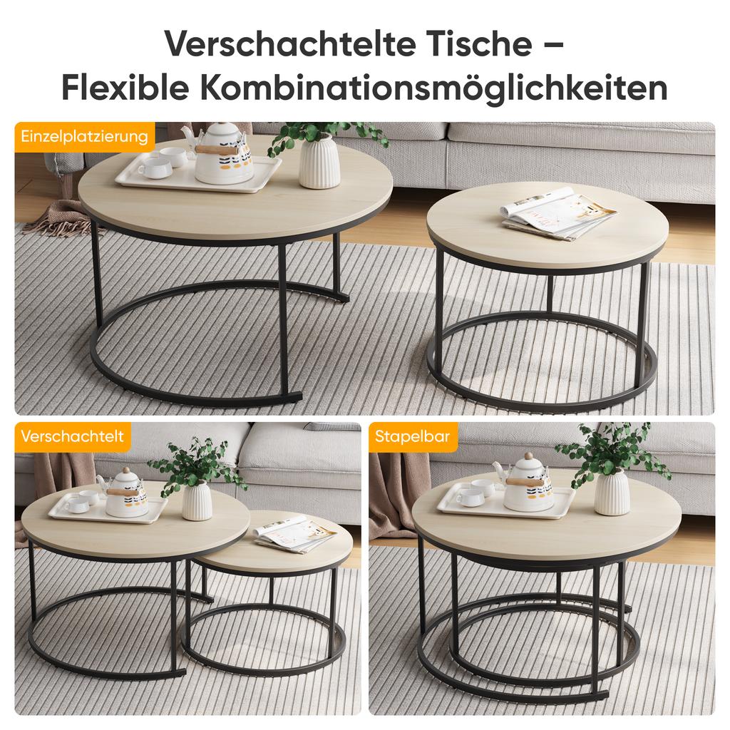 Two-Piece Nesting Coffee Table Set, Oak Veneer, Round with a Diameter of 80 cm, Metal Frame, Modern Style, Suitable for Living Room, Bedroom, Balcony.