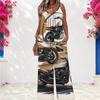Damen Spaghettiträger Jumpsuit Abstrakt Goldene Verflochtene Herzlinien-Print Weite Hosen mit Taschen