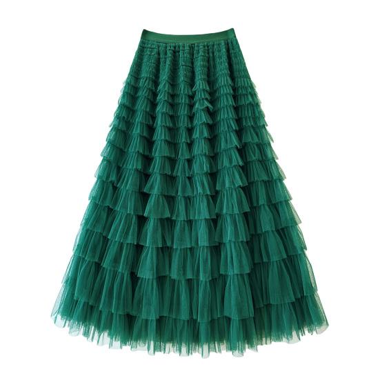 Cake Skirt Elastic High Waist A-Line Skirt Pure Color Multi Layer Ruffle Trim Mesh Hem Midi Skirt Work Leisure Wear