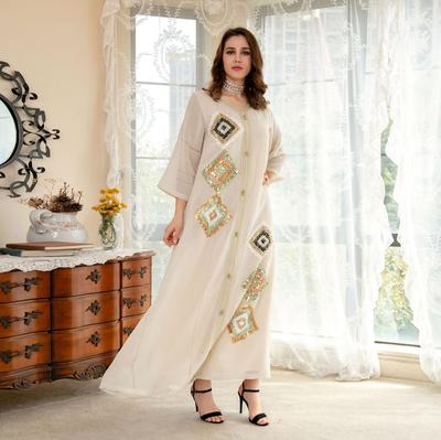 Muslim Women's Robe Cotton Linen Quad Sequin Embroidery Dress Loose