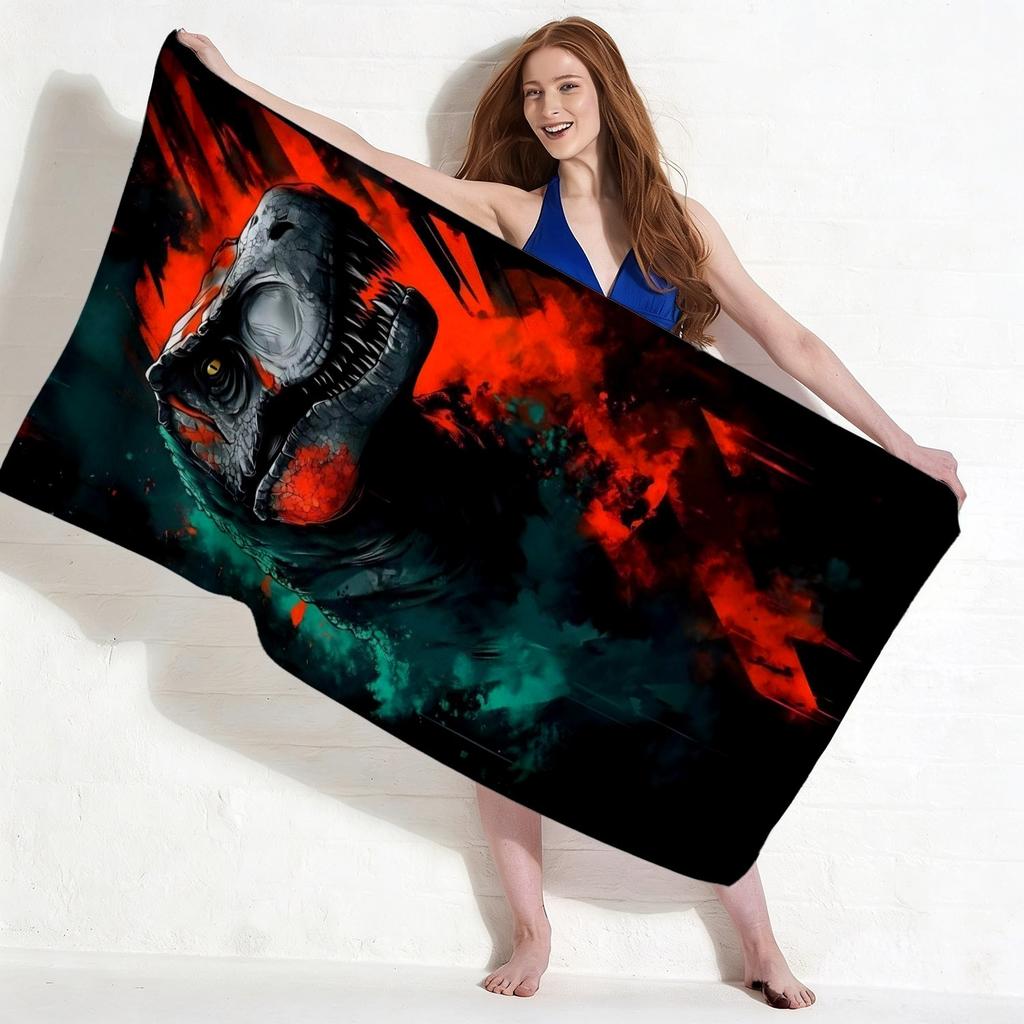 Dinosaur Bath Towel Suitable for Soft Microfiber Beach Pool Towel with Red Black Print, Quick-Dry Absorbent Swimming Accessory