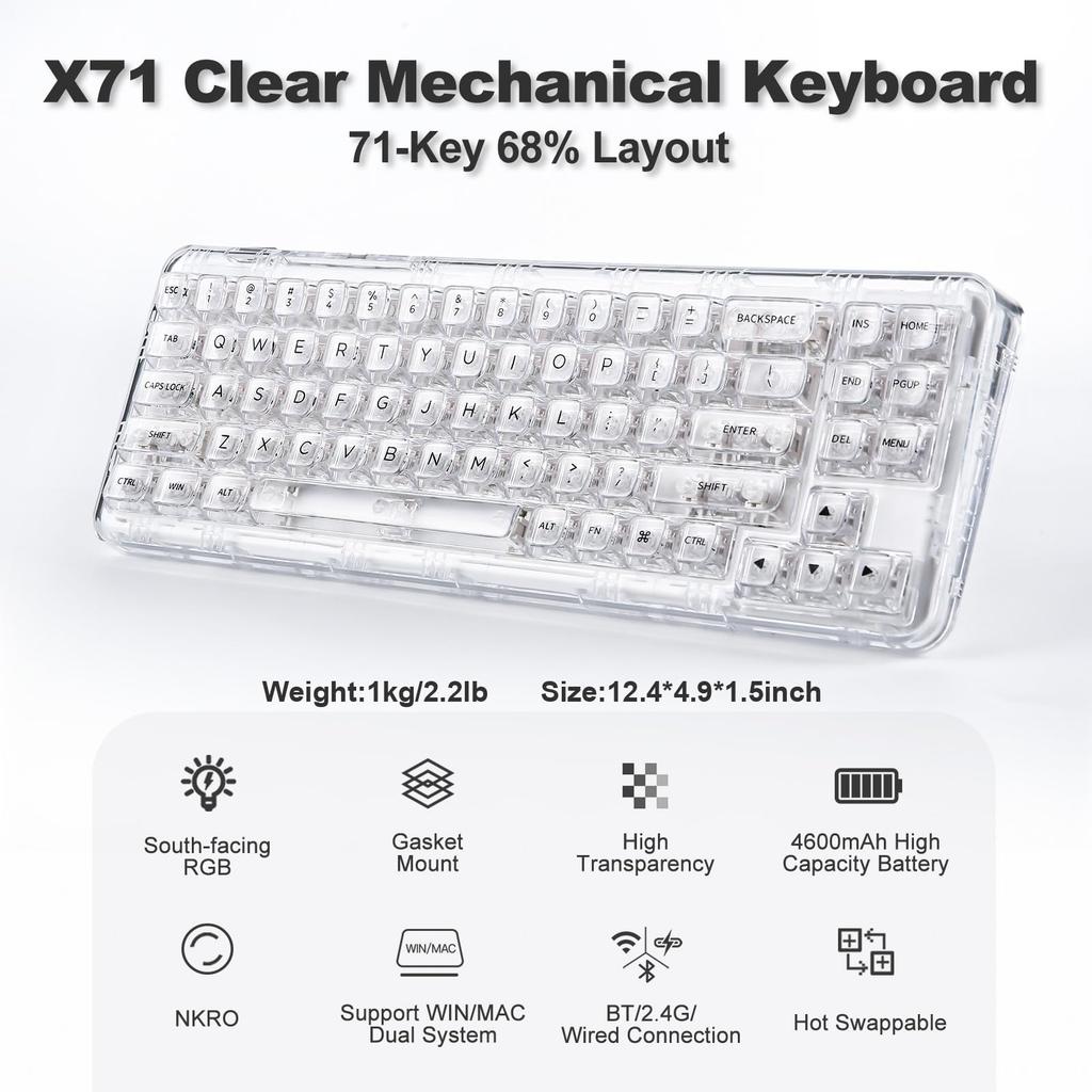 YUNZII X71 Keyboard, Crystal Ice, White, 68% Layout