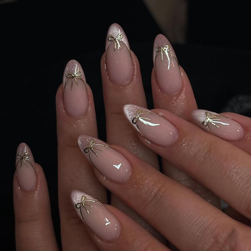 Popular French pink cat eye flash wearing nail art nail piece golden bow fake nail