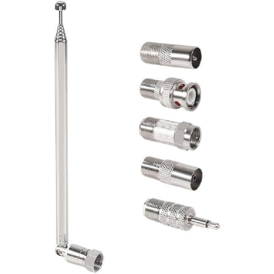 FM Telescopic Antenna 75 Ohm Indoor FM Radio Antenna F Type Male Plug Connector with 5pcs Converter for TV AM FM Radio Stereo Receiver