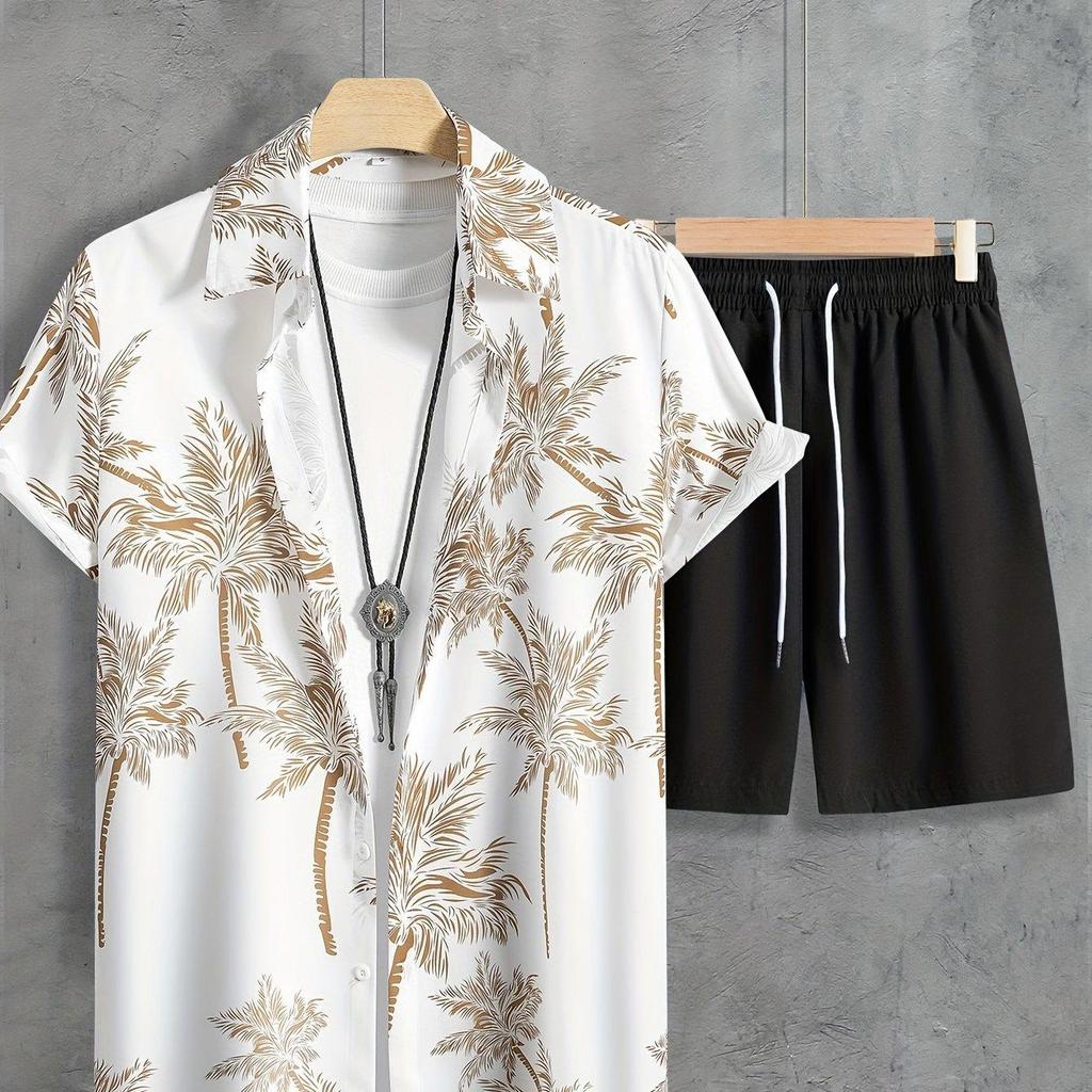 Set da uomo a maniche corte e pantaloncini da spiaggia con stampa albero di cocco Estate Quotidiano Camicia casual da uomo e pantaloni da spiaggia