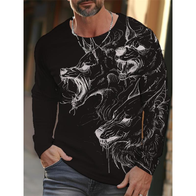 2024 Neues Langarm-T-Shirt für Herren mit 3D-Druck und hochauflösendem Wolf-Tierdruck für Herren im Herbst, lässiges T-Shirt mit Rundhalsausschnitt