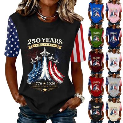 Damen Kurzarm Rundhals T-Shirt 250 Jahre Amerika Stark Aufdruck und Flaggen Grafik Lässiges Oberteil