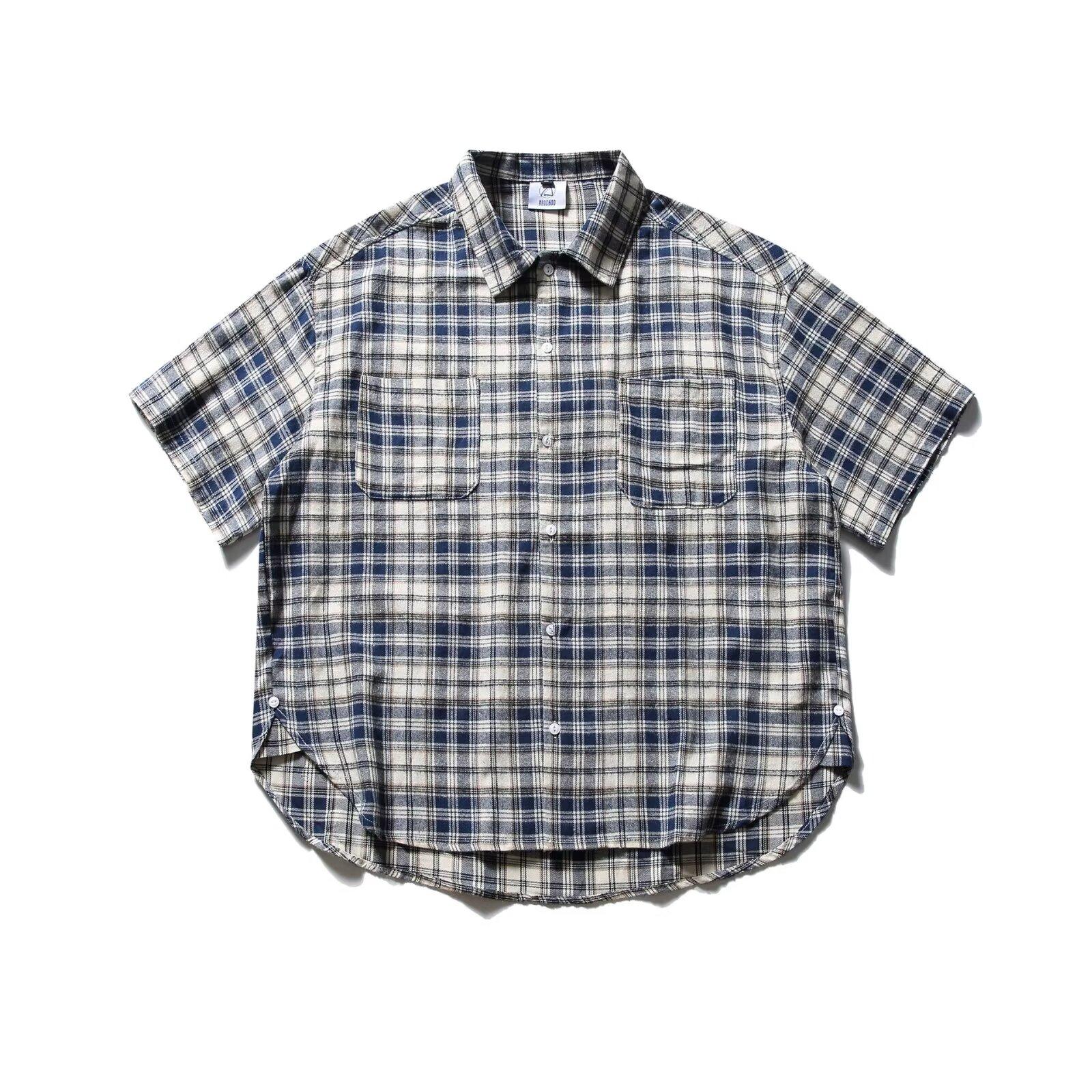 Summer shirt men s checkered short sleeved plus size seven quarter sleeved shirt Hong Kong style casual jacket M синий