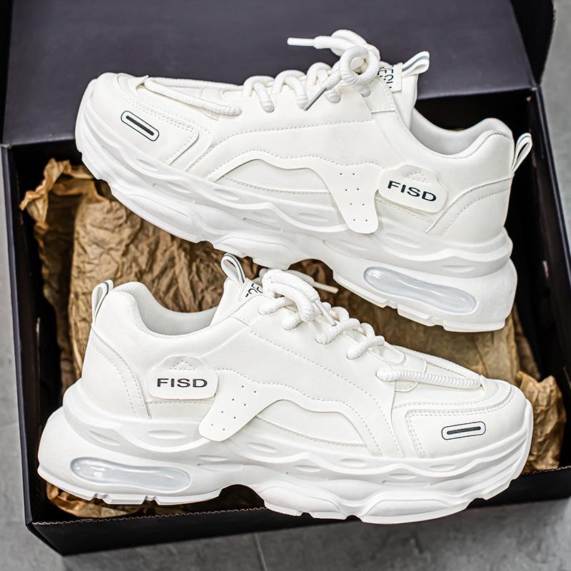 Men's Summer Breathable White Trendy Thick-Soled Sneakers - Casual Dad Shoes.