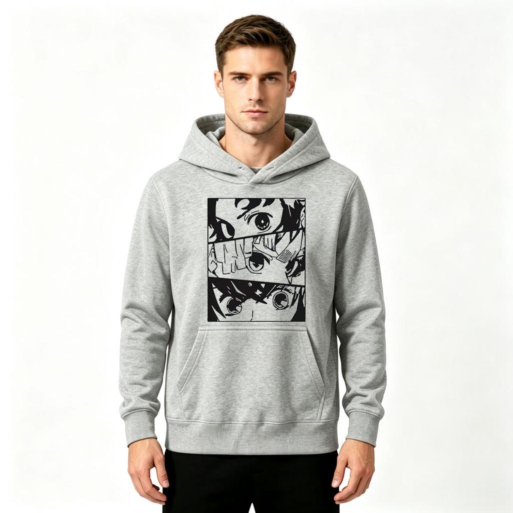 Men's Pullover Hoodie Anime Eyes Black White Print Casual Long Sleeve Hooded Sweatshirt