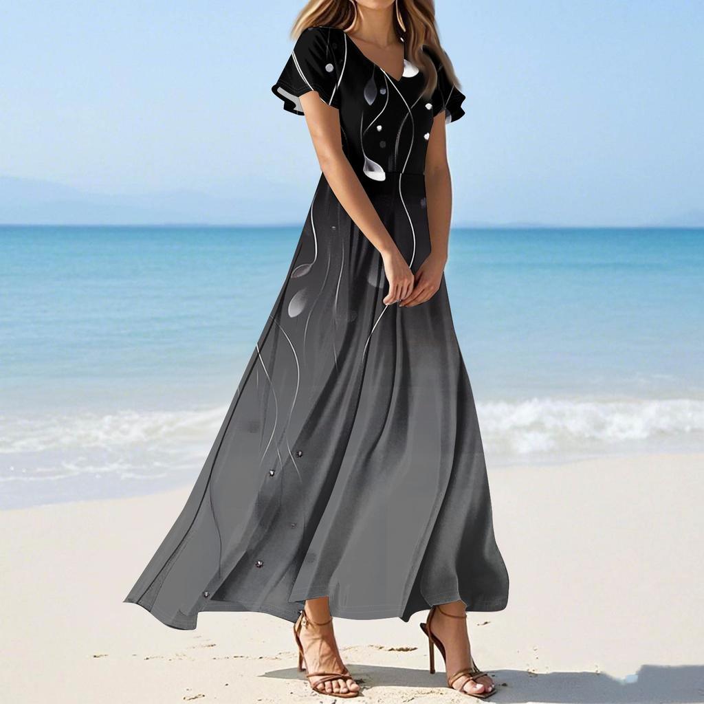 Women's Casual Fashion Print Long Dresses V-Neck Short Sleeve Dresses