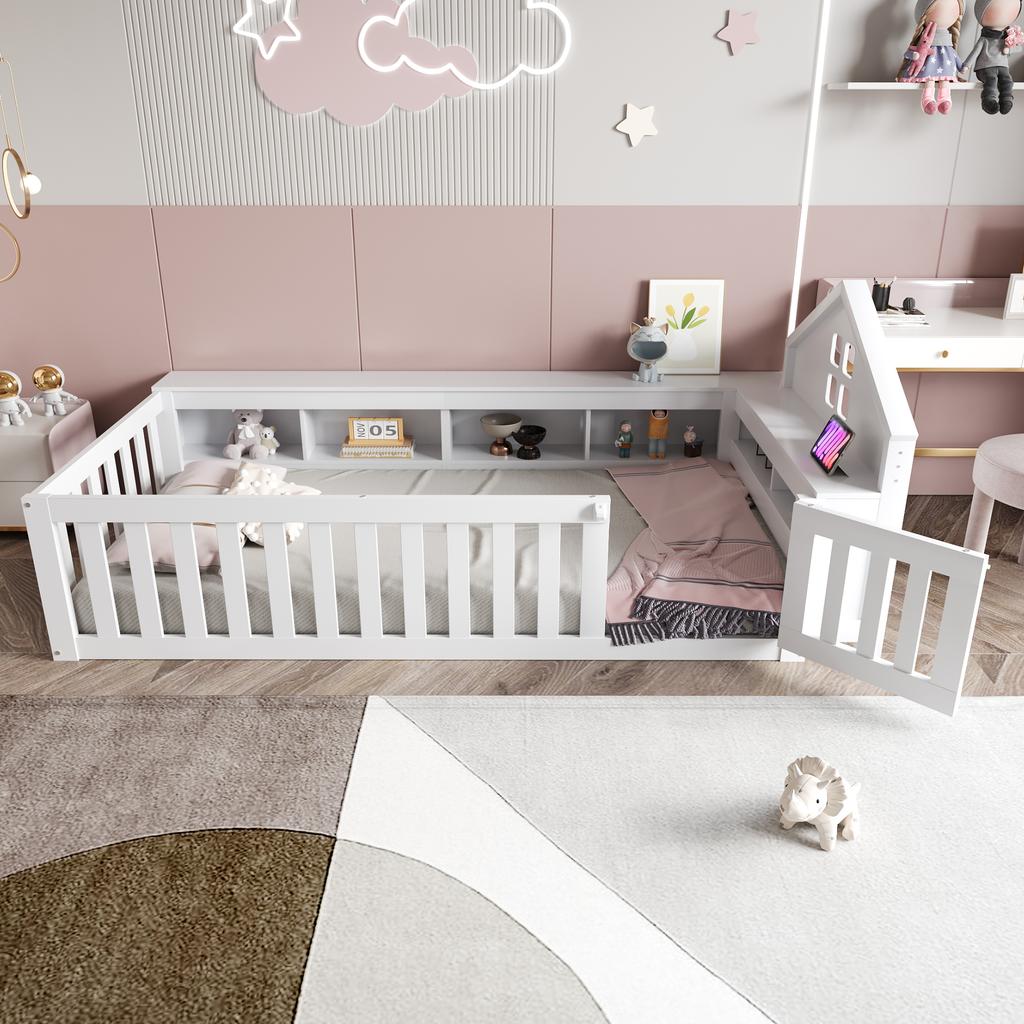 Children's bed 90 x 200 cm, with roof trim and window, with storage compartment, with safety rail and door, solid wood bed with slatted frame, white
