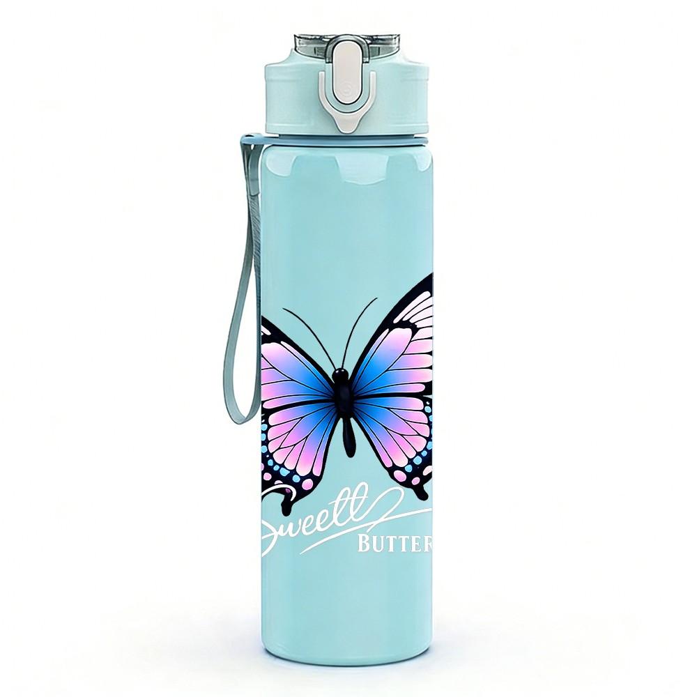 1PC Blue Purple Butterfly Art Print 750ml Color Plastic Sports Water Bottle Leakproof Flip Straw Lid Suitable for Sports Office Home Use