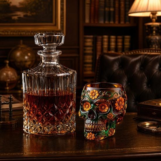 Decorative Glass for Home Bar Day of The Dead Wine Glass, with 3D Relief Painting, Hand-Painted Halloween Themed Gothic Skull Whiskey Cup, Parties And