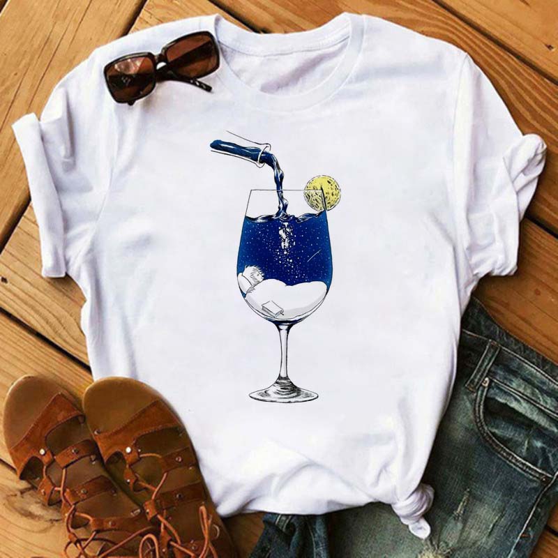 New Women T-Shirt Casual Short Sleeve T Shirt Women's Fashion Rose Red Wine Glass Printed Black T-Shirt Female Tops Tees