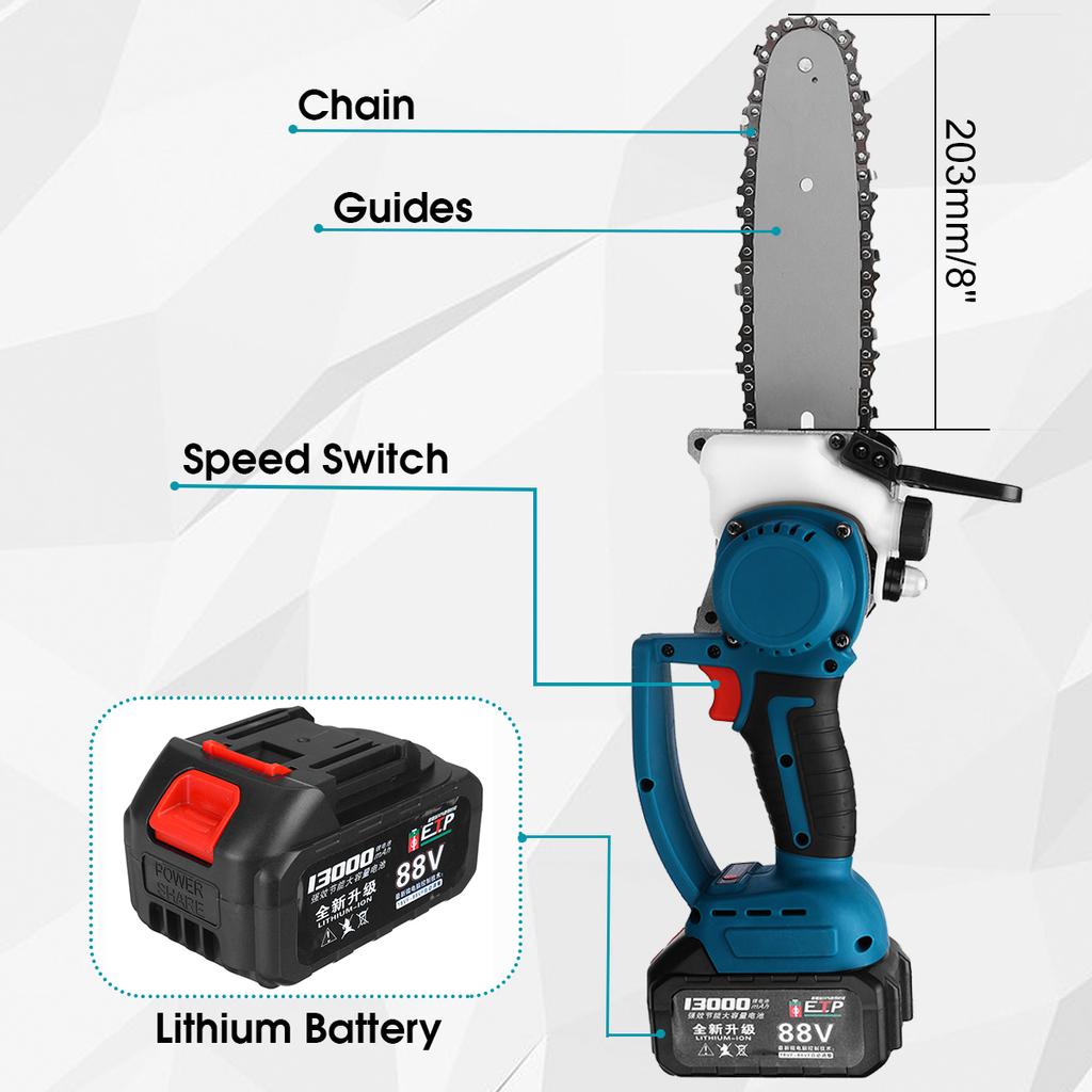 88V 8 Inch Rechargeable Electric Saw Chainsaw 1200W Brushless Motor with 2 Batteries Woodworking Cutter Tool For Makita Battery