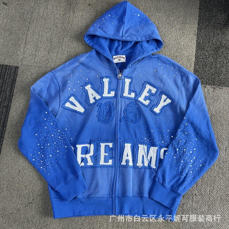 Premium Streetwear Hoodie With Rhinestone Embellishment Oversized Zip-Up Sweatshirt Men Cotton Blend Loose Fit