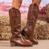Fashion Women's Retro Western Embroidered Cowboy Boots Round Toe Chunky Heel Knee High Boots Woman Autumn Winter PU Leather Long Botas