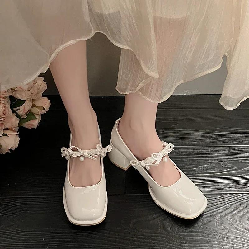 Luxury Pearl Designer Square Toe Mary Jane Shoes Women 2024 Sweet Bow Solid Color Shallow Mouth Outdoor Party Dress High Heels