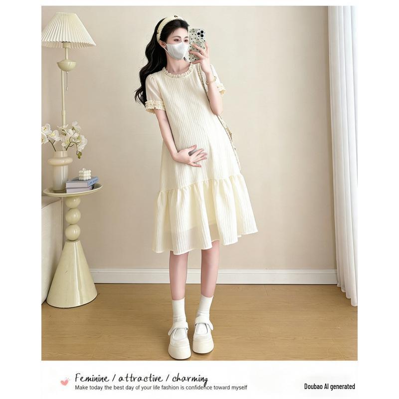 

2026 Summer Fresh Korean-Style Mid-Length Maternity Dress: Youthful, Slimming, and Tummy-Covering Design 2XL грязно-белый