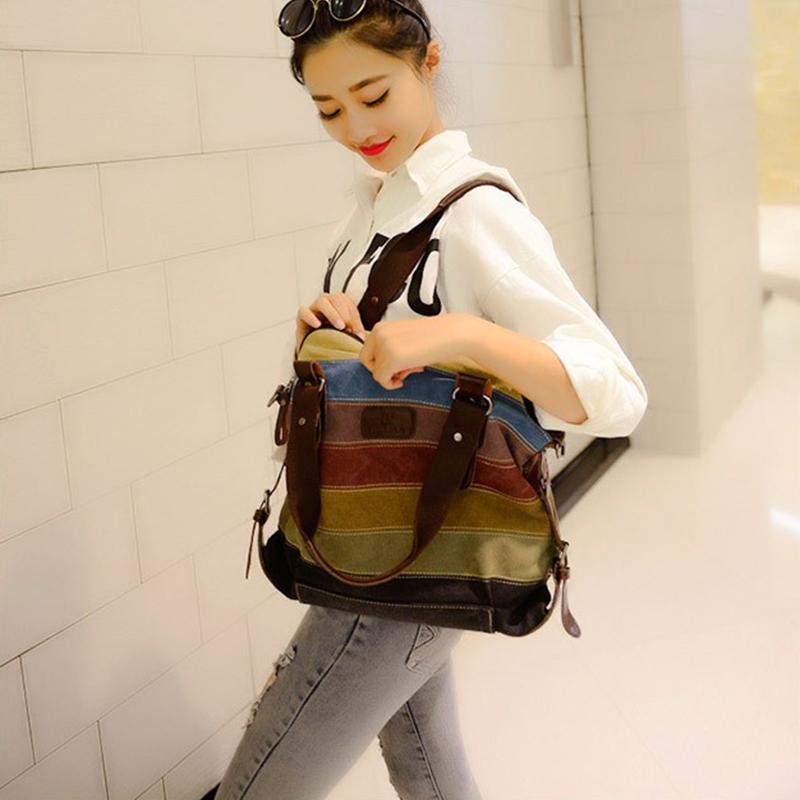 Canvas Totes Striped Womens Handbag Patchwork Rainbow Shoulder Bag  Fashion Female Casual Crossbody Bag