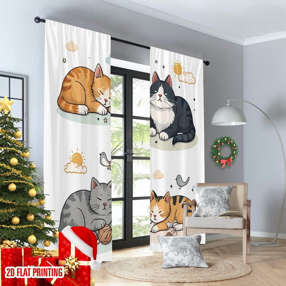 Set Of 2 Flat Printing Curtain Cute Cat Illustration Digital Printed Polyester Drapes All Season Party Holiday Decor