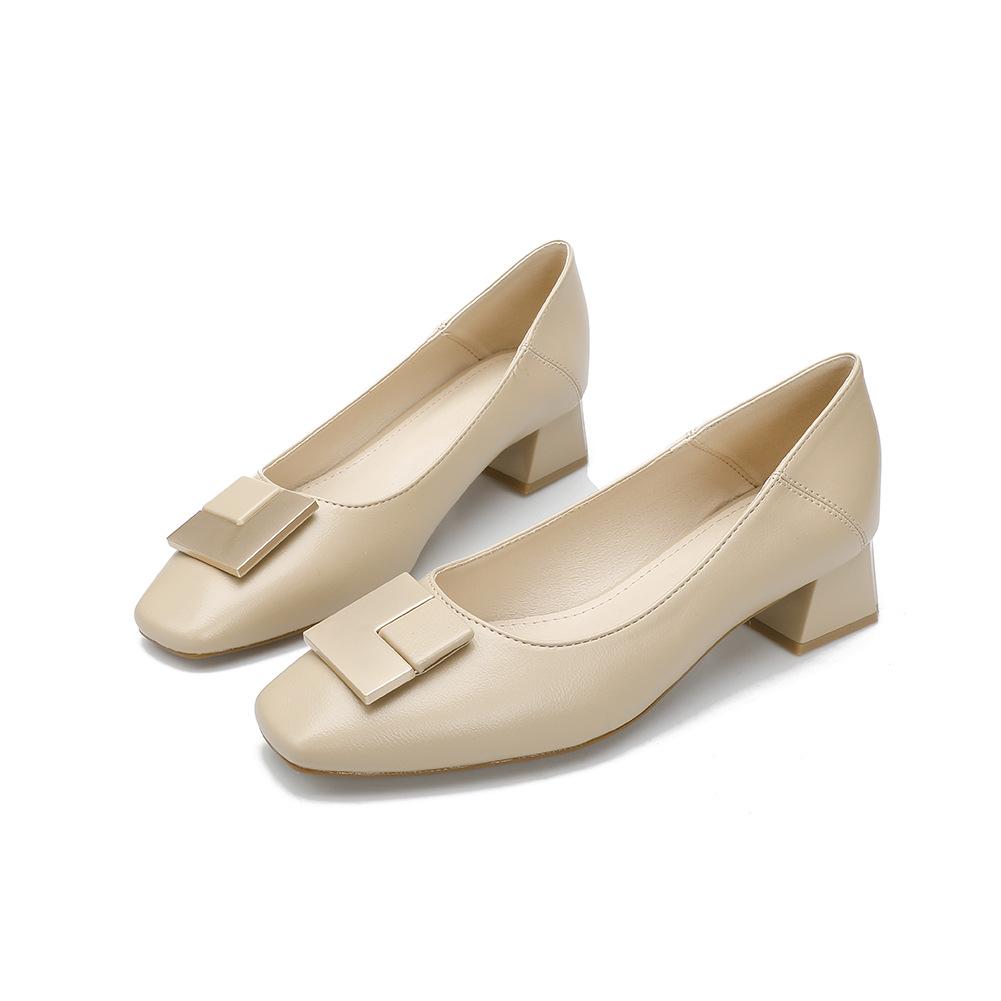 Medium heel single shoes women's thick heel high heels temperament new light mouth soft leather square head grandma shoes