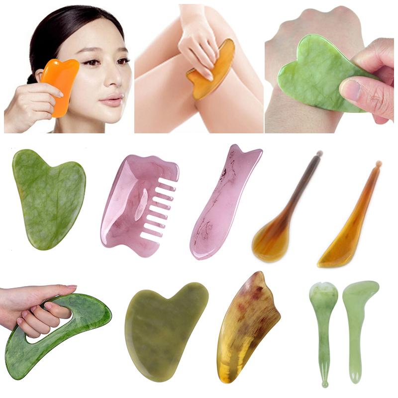Gouache Scraper Natural Stone Gua Sha Massage Comb Head Body Meridian Scraping Reflexology Blood Circulation Jade Therapy Tools
