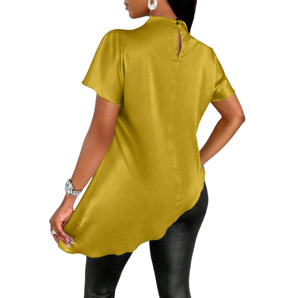 Women's Fashionable Loose-fitting Asymmetrical Hem Satin Blouse