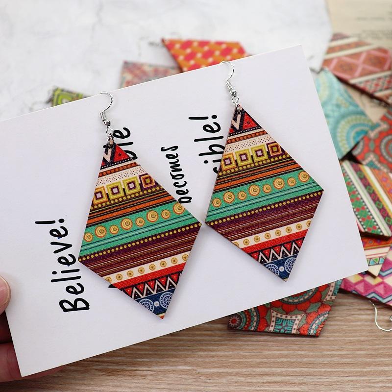 Bohemian vacation style wooden earrings retro personality exaggerated print earrings femininity long earrings