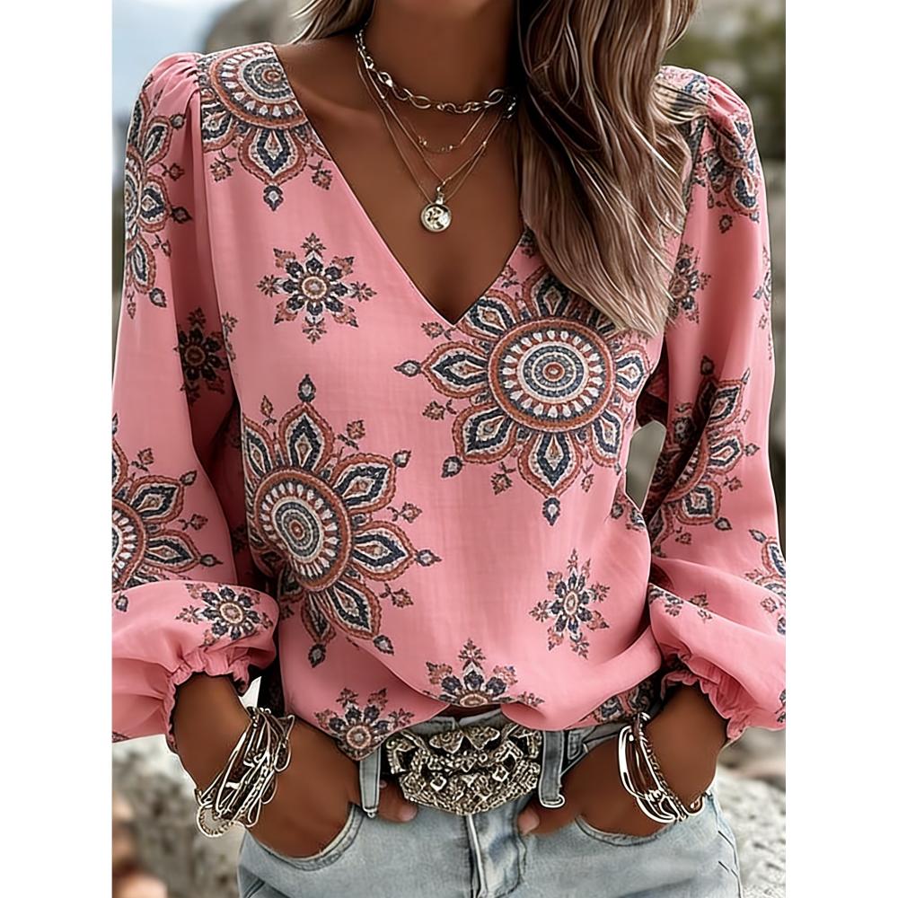 Women s Spring/Summer Retro Bohemian Casual Vintage Ethnic Print V-Neck Long-Sleeve Shirt, Women s Fashion Elegant Top S