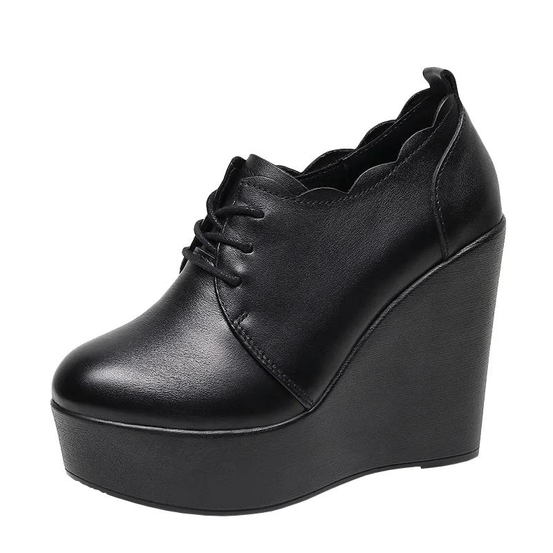 Small Size 33-43 Deep Mouth Genuine Leather Shoes Thick Bottom Platform Pumps 2025 Winter High Heels Wedges Shoes Office Model