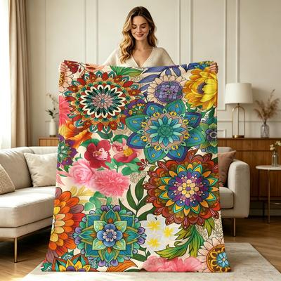 For All Season Boho Floral Print Flannel Blanket Soft Warm Cozy Throw Blanket for Couch Sofa Bed Office Living Room Home Decorative Lightweight Flanne