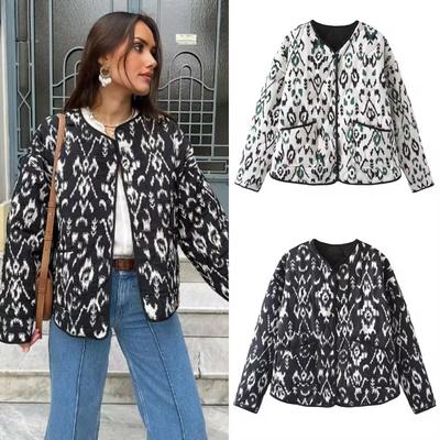 Autumn/Winter New Product Women's Casual Round Neck Retro Printed Quilted Jacket Lightweight Cotton Coat