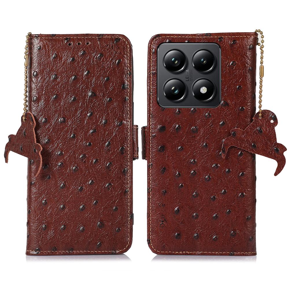 For Xiaomi 14T Case RFID Blocking Genuine Cow Leather Phone Case Ostrich Texture
