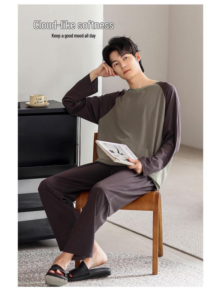 Men's Color Block Modal Pajama Set - Long Sleeve Round Neck for Stylish Spring and Autumn Wear