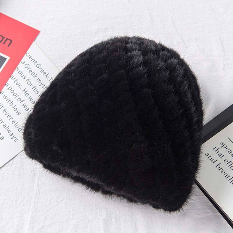 

Winter Womens Mink Fur Hats Fur Knitted Cap Fashionable Fluffy Ladies Genuine Fur Beanie Female Black Fur Caps 55-60cm чорний