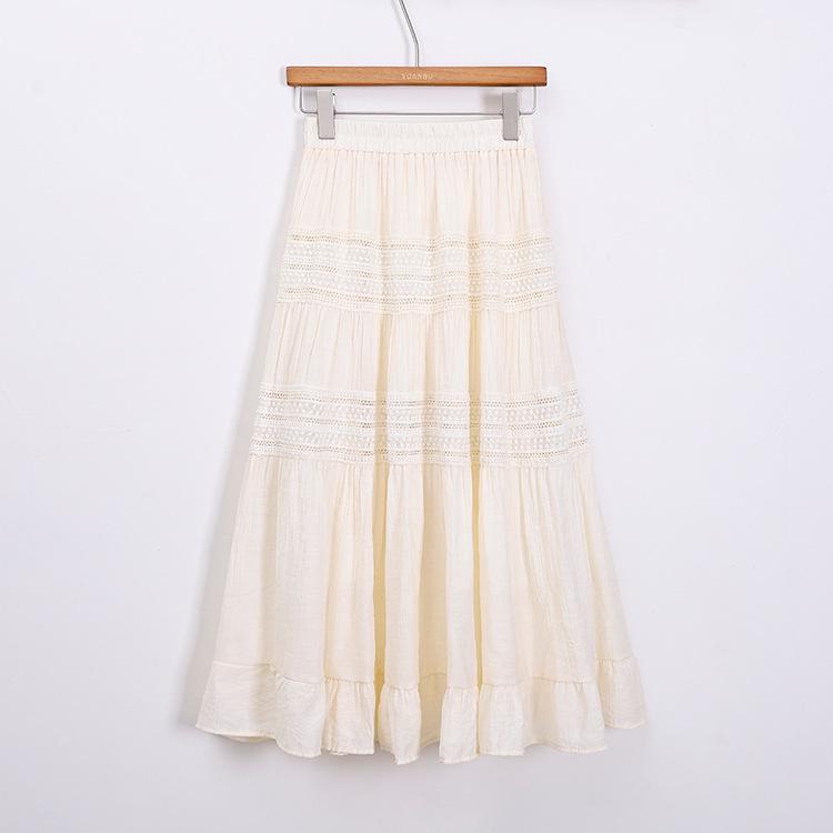 Feiyuan Damen Frühling Weißes Spitzen-Patchwork Midi-Rock in Pfirsichfarbenem Krepp-Tencel