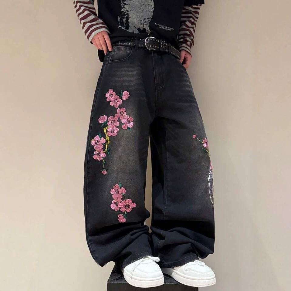 European and American jeans cherry blossom embroidered wide-leg pants washed retro high-waisted loose rough edge mopping jeans