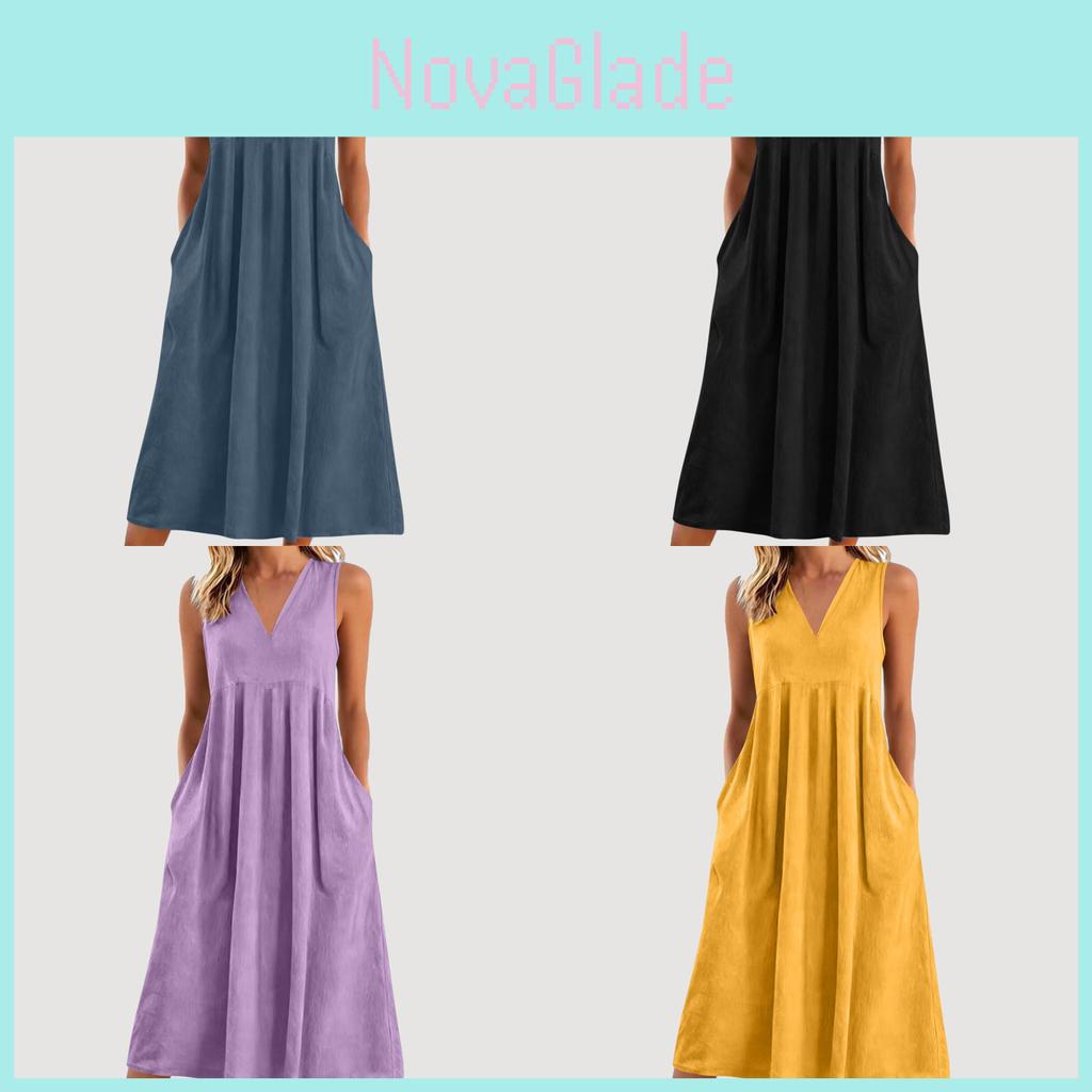 Cotton Sleeveless Vneck Dress With Color Block Pleats For Casual Wear