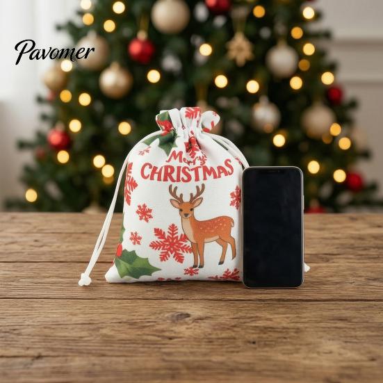 Holiday Theme Candy Carriers 2Pcs Christmas Drawstring Gift Bags, Xmas Tree Reindeer Printed Treat Festival Packaging Pouches, Reusable Fabric
