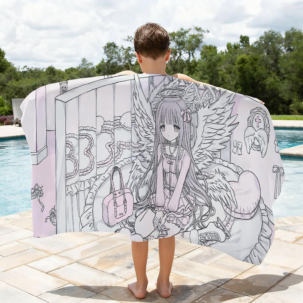 Anime Angel Girls Kawaii Towel Quick Dry Absorbent Beach Towel for Sports, Fitness, Swimming and Outdoor Activities