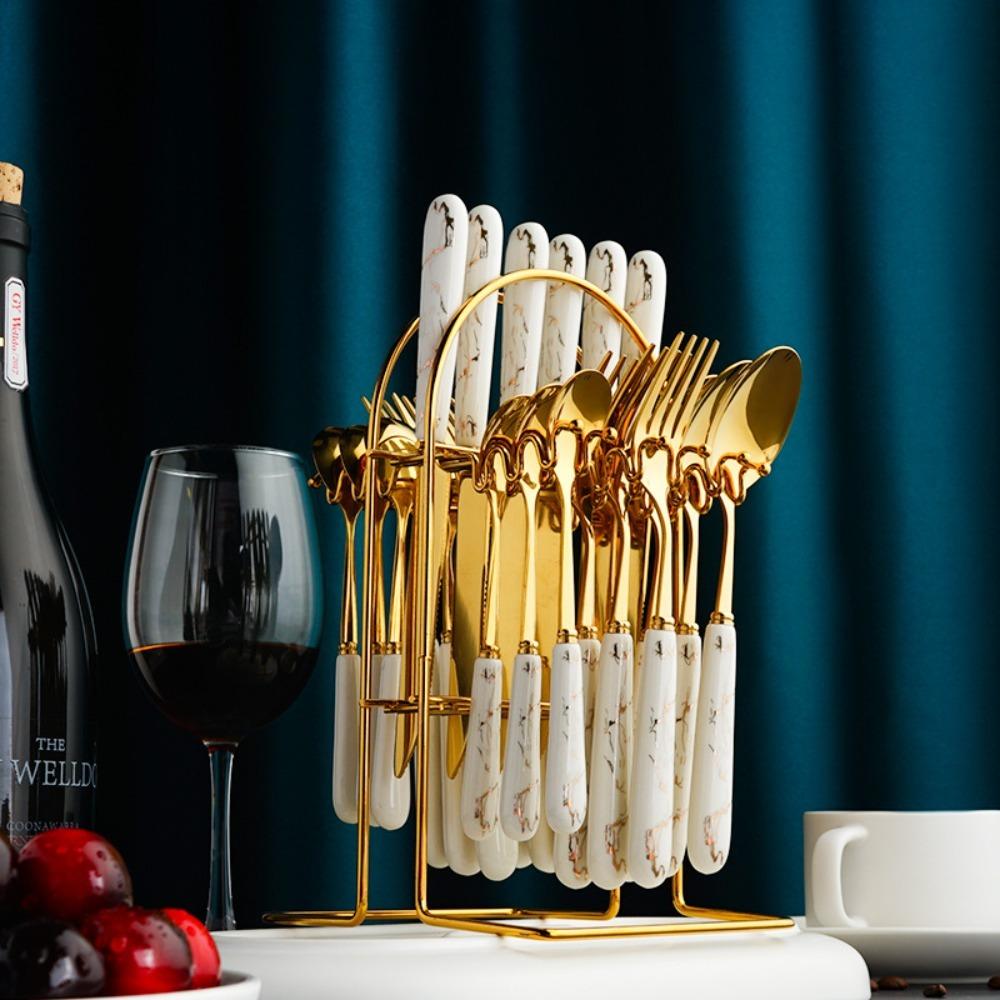 24pcs Stainless Steel Marbled Tableware Set Nordic Style Dessert Dinnerware Suit  Restaurant