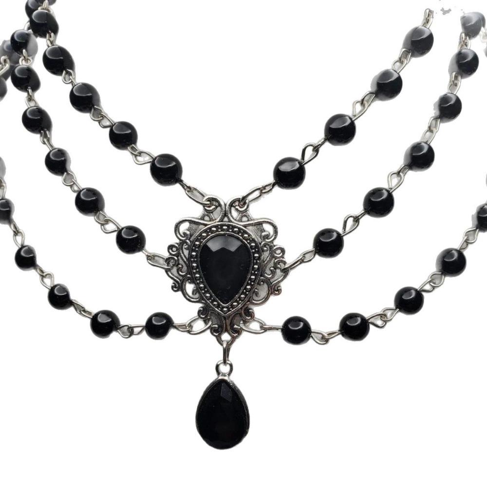 Gothic Victoria Middle Age Teardrop-shaped Pendant Multi-layer Black Glass Bead Necklace for Women Halloween Temperament Jewelry