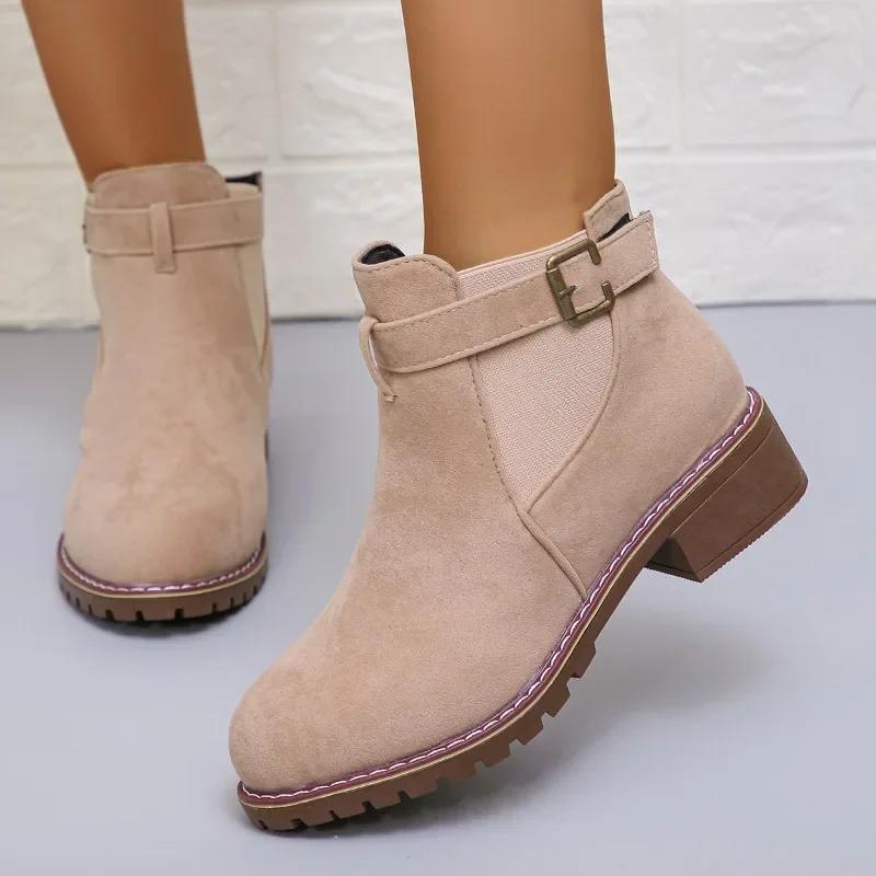 Mote Sko for Kvinner 2024 Mote Spenne Dame Støvletter Høst Rund Tå Ensfarget Flock Kort Skaft Kraftige Hæler Stor Størrelse Naken Støvletter