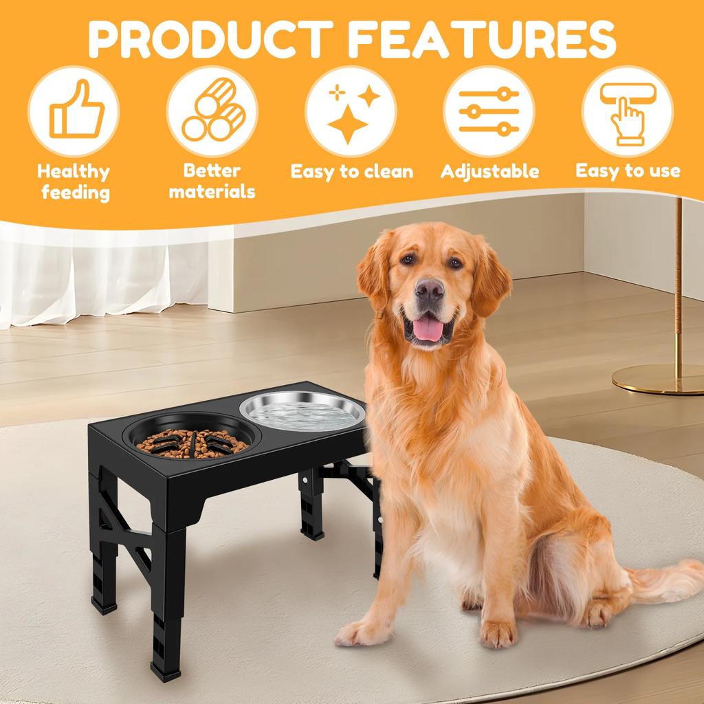 5 Height Adjustable Raised Dog Bowl Stand Metal Elevated Dog Bowl  with 2 Stainless Steel Bowls and 1 Slow Feeder Pet Supplies